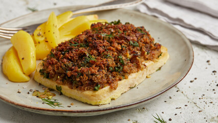 Vegan baked fillet with herb crust