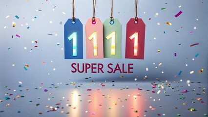 Colorful Hanging Discount Tags with 11.11 Super Sale Text Background