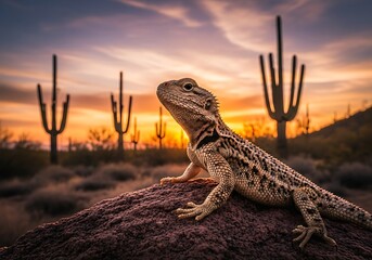 Bearded dragon lizard on a rock at sunset with saguaro cacti in the background