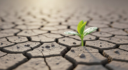 Hopeful new life emerges from cracked earth, symbolizing resilience, growth, and environmental recovery in a parched landscape with delicate water droplets