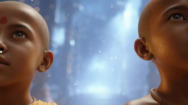 Young disciples gaze upward in the celestial Gurukul hall illuminated by divine golden light and spiritual energy.