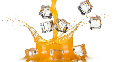 Refreshing orange juice splash with ice cubes creates a vibrant summer beverage concept showing pure refreshment and thirst-quenching deliciousness