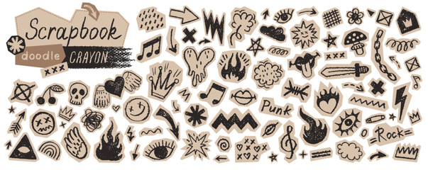 Rock scrapbook. Punk music doodle cutout collage sticker. Punk rock music icon pattern. Torn paper with scribble tattoo. Shape nub bg. Fire, heart, star, skull. Bold journal hand drawn scrap element