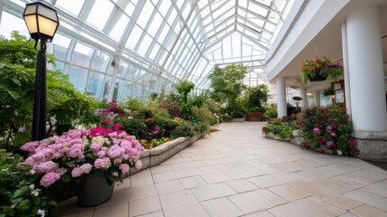 Modern greenhouse interior with vibrant lush plants, organized beds, glass ceilings, bright natural light, wideangle perspective, serene and inviting atmosphere, copy space on left