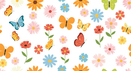 A cheerful pattern of flying butterflies and blooming wildflowers in various colors.