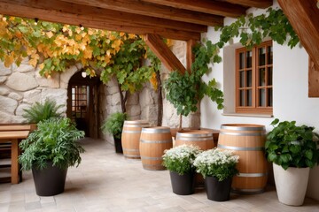 Naklejka premium Winery courtyard with barrels and autumn grapevines