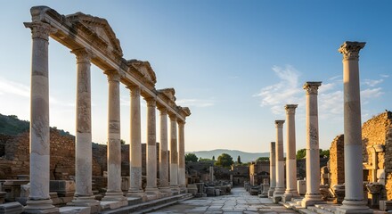 Ancient Roman columns in a sunlit historical site, showcasing architectural details
