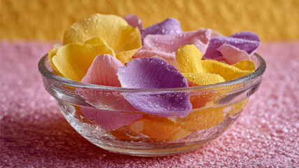 Colorful flower petals in a glass bowl with dewdrops on pink surface