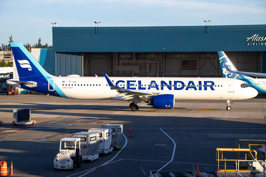 An Icelandair Airbus A321 on taxiway at Seattle-Tacoma International Airport - Seattle, Washington, USA
