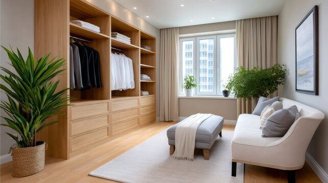 Modern walk-in closet dressing room with wooden wardrobe - Powered by Adobe