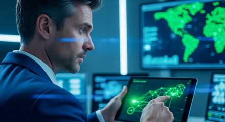 Male expert analyzing global data and network connections on a digital tablet in a secure operations center