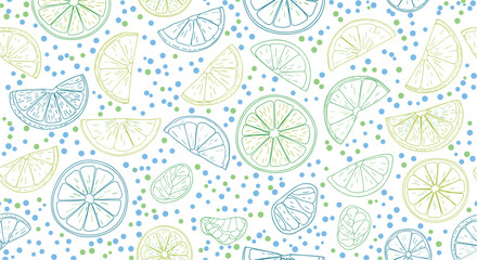 A repeating pattern of citrus slices and scattered dots in green and blue on a white background.