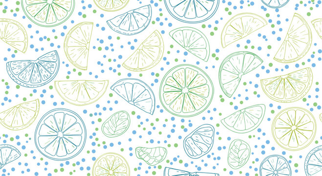 A repeating pattern of citrus slices and scattered dots in green and blue on a white background.