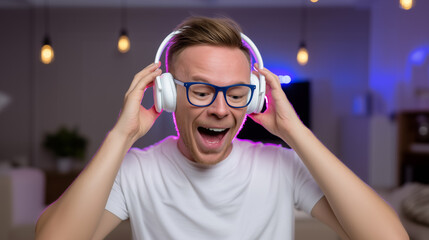 Awkward funny moment of excited man winning in headphones. Surprised guy celebrating unexpected victory with embarrassed expression. Amusing confusion, joy and shock concept in purple gaming setup.