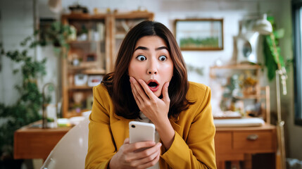 Shocked woman covering mouth after sending personal message to work chat by mistake. Asian businesswoman in yellow blazer holding phone, embarrassed expression. Office communication error concept.