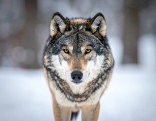Obraz premium Close-up portrait of a gray wolf in a snowy forest
