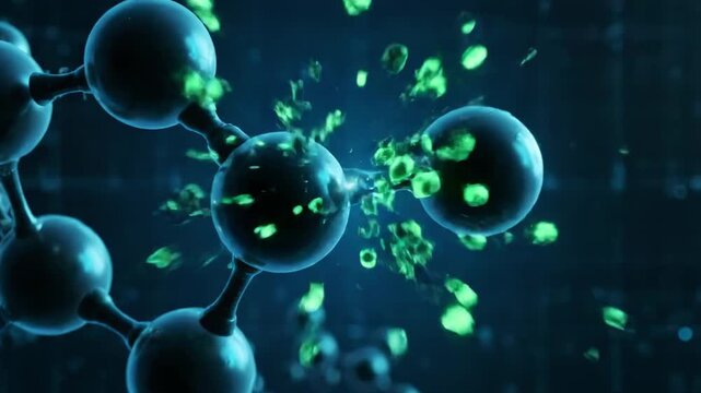 Blue molecular framework and glowing green sphere cell; nanostructures and bonds extend grand across