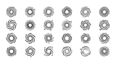 Collection of abstract swirling vortex icons, representing dynamics and movement in simple graphic
