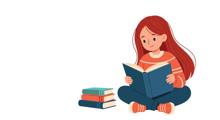 A young girl engrossed in reading a book with a stack of books beside her.