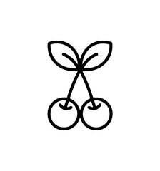 Minimalist black line drawing of two cherries with leaves