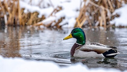 Wild Mallard Duck, Wildlife, Bird, in water or snow