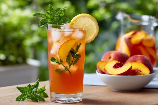 Peach iced tea refreshing drink with mint and lemon