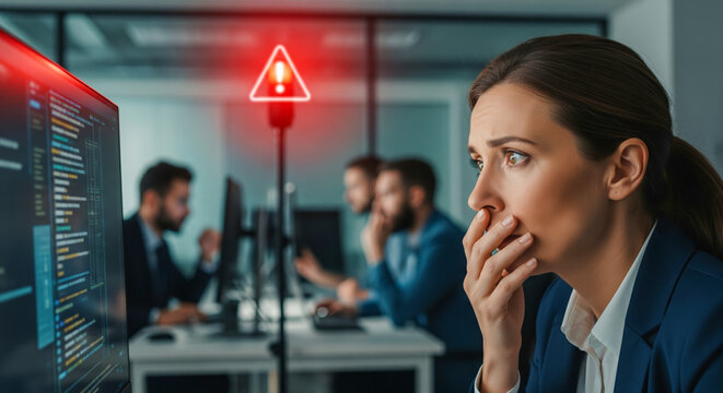 Distressed businesswoman reacts to a critical data breach alert on her computer screen