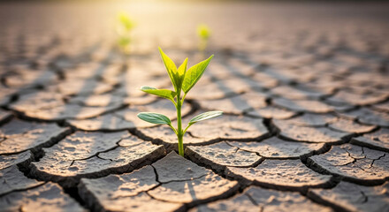 Bright green sprout growing resiliently through cracked dry earth, symbolizing hope and a new beginning, offering optimism and environmental awareness