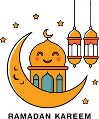 Ramadan kareem greeting with a cute smiling mosque on a crescent moon surrounded by stars and traditional lanterns