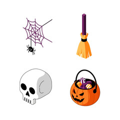 Halloween Icons - Spiderweb, Broom, Skull, and Pumpkin Candy Bucket.