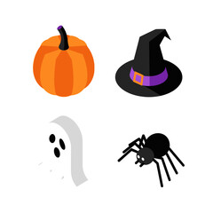 Isometric Halloween icon set with pumpkin ghost spider and witch hat.
