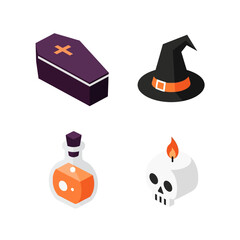 Halloween Icons Set Coffin Witch Hat Potion Skull Candle.