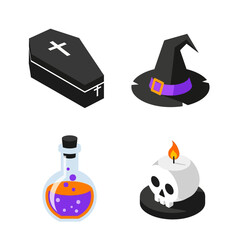 Halloween Icons - Coffin, Witch Hat, Potion, and Skull Candle.