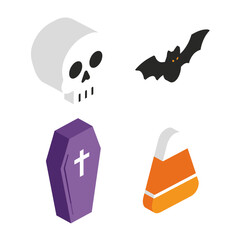 Halloween themed isometric illustrations of skull, bat, coffin, and candy corn.