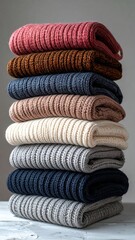 A vertical stack of folded, knit scarves in an array of various, muted colors against a neutral background