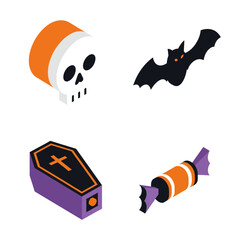 Isometric Halloween icon set with skull bat coffin and candy.