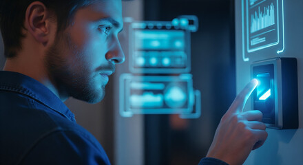 Man using a biometric fingerprint scanner for secure digital access