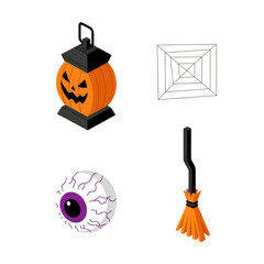Halloween themed isometric illustrations of pumpkin lantern, spiderweb, eyeball, and broom.