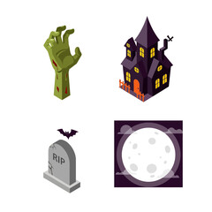 Halloween themed images featuring a zombie hand, haunted house, tombstone, and full moon.