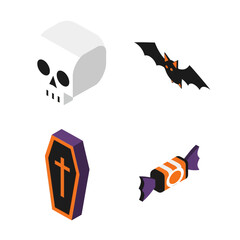 Isometric Halloween Icons - Skull, Bat, Coffin, and Candy.