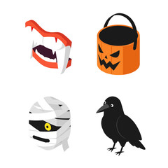 Halloween themed objects including vampire teeth, pumpkin bucket, mummy, and crow.