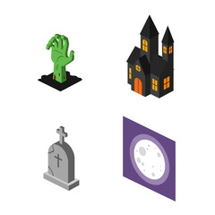 Isometric Halloween icons set with haunted house and tombstone.