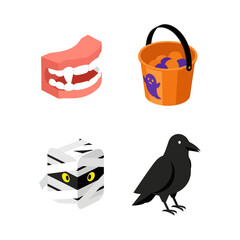 Halloween Icons Set Featuring Dentures Mummy Bucket and Crow.