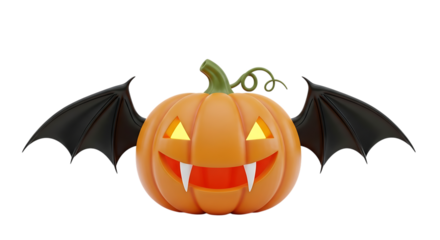 Spooky Halloween Pumpkin Character with Bat Wings Glowing Eyes and Fangs