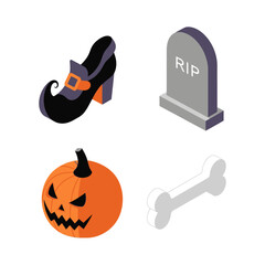 Isometric Halloween icon set with witch shoe pumpkin and tombstone.