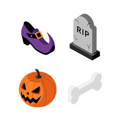 Halloween themed objects including witch shoe, tombstone, pumpkin, and bone.