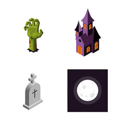 Halloween Isometric Icons - Zombie Hand, Haunted House, Tombstone, and Full Moon.