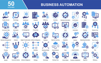 A Business Automation icon set featuring elements like technology, efficiency, productivity, CRM, artificial intelligence, and digital transformation.Perfect for modern business projects.