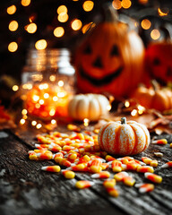 Mini pumpkin and colorful candy corn on rustic wooden table with glowing Halloween lights and jack o lanterns in the background