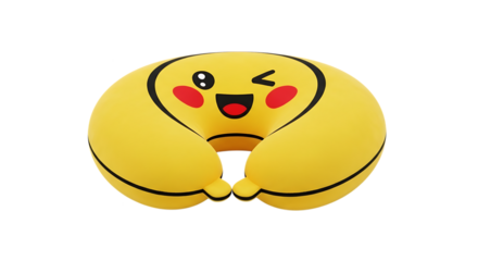 Cute yellow travel pillow with cartoon face winking isolated on black background